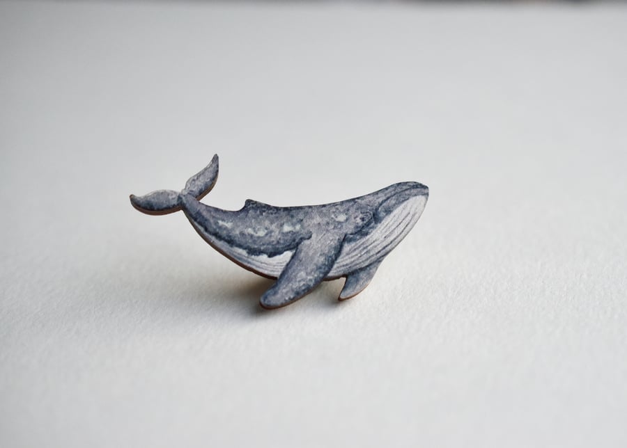 Humpback Whale Pin Badge, Illustrated wooden jewellery. Hand made