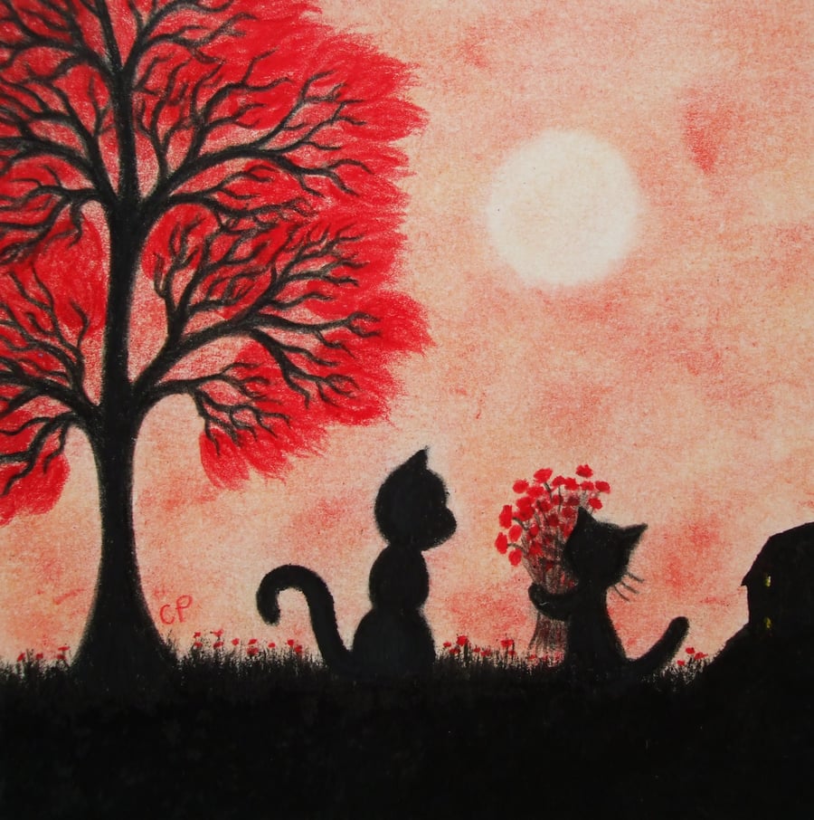 Cat Birthday Card, Flowers Card, Mother Daughter Card, Black Kitten Red Tree