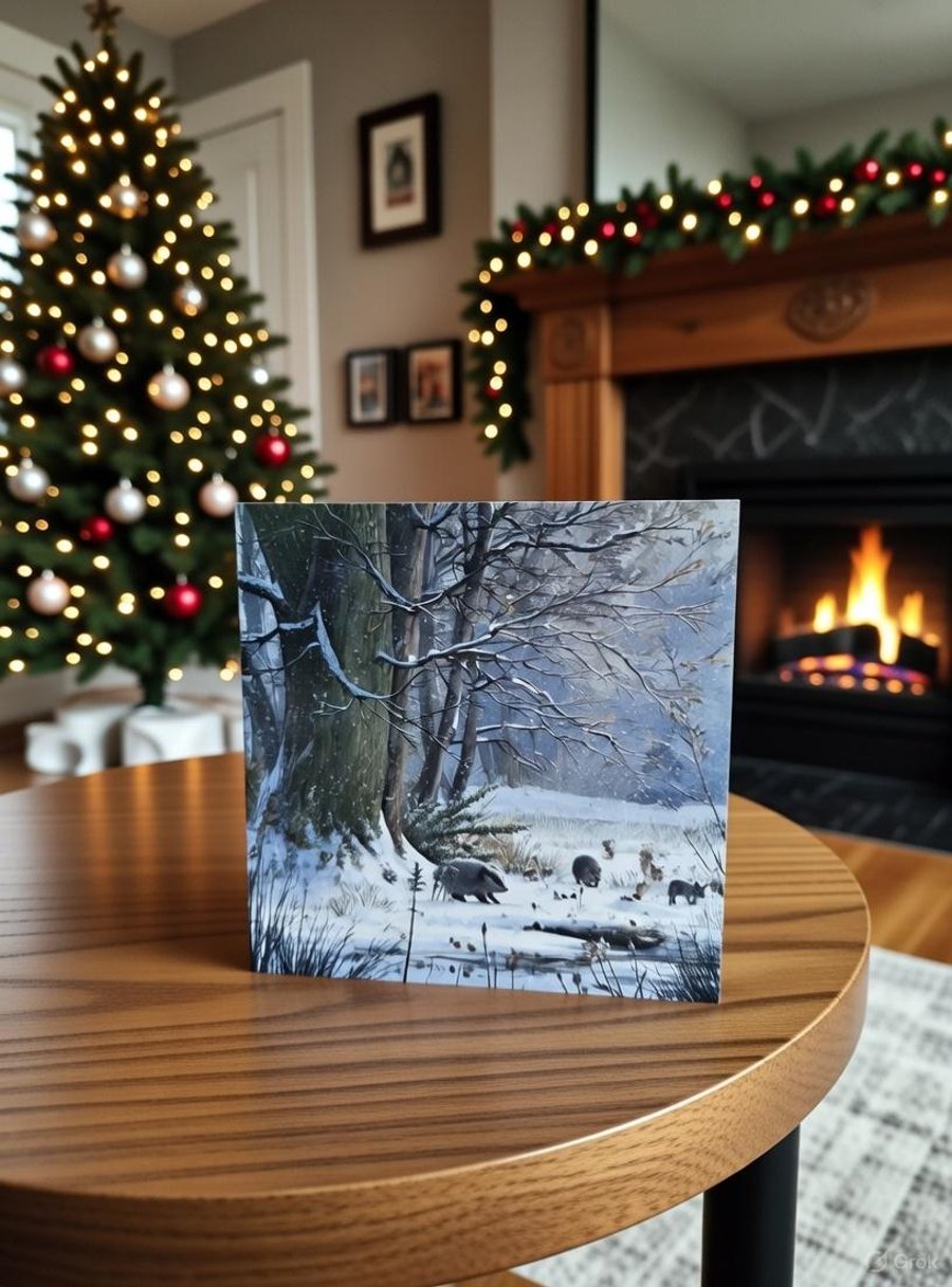 Pack of 4 Winter Scene Snow Woodland Animals Christmas Cards With Envelopes