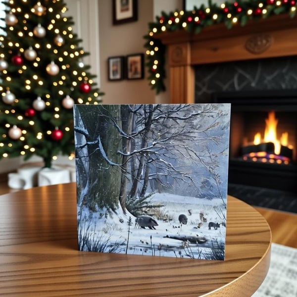 Pack of 4 Winter Scene Snow Woodland Animals Christmas Cards With Envelopes