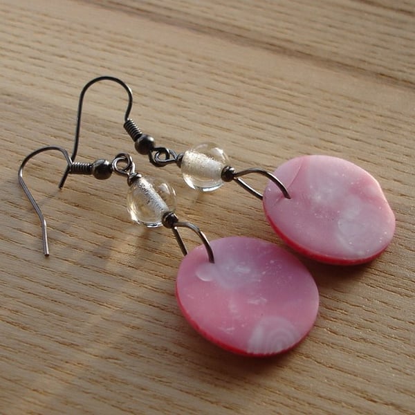 Pink Swirl Millefiori Disc Earrings