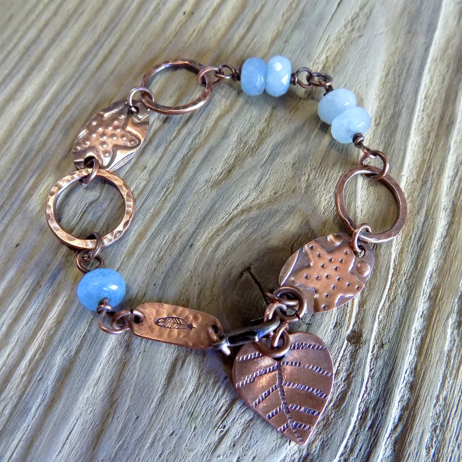 Aged copper 'starfish' hoops and agate bead adjustable bracelet 