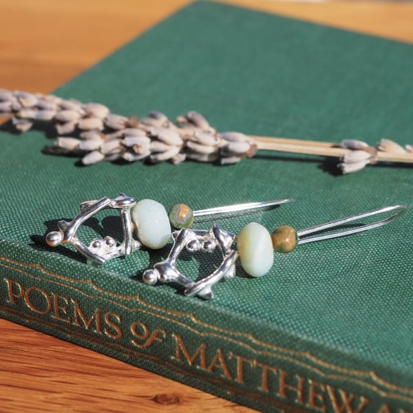 Artisan Argentium Silver Drop Earrings, Amazonite & Rhyolite bead, ARC Jewellery