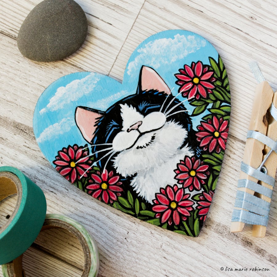 Happy Cat and Flowers - Hand Painted Heart Shaped Magnet