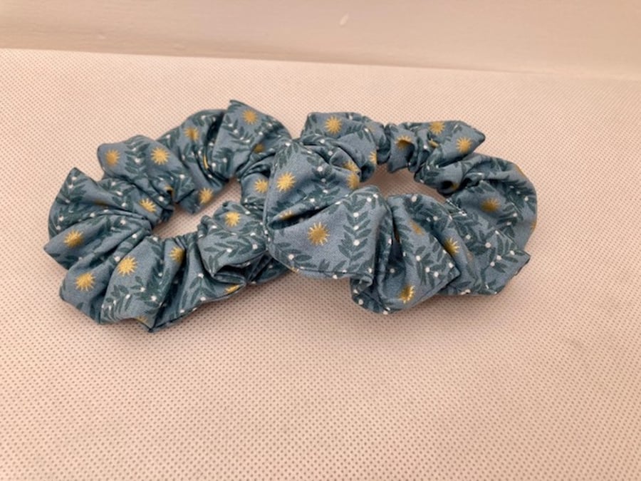 2 Hair Scrunchies - Lewis and Irene Noel Gold Star berries blue fabric