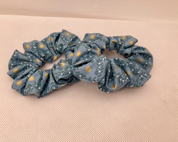 2 Hair Scrunchies - Lewis and Irene Noel Gold Star berries blue fabric