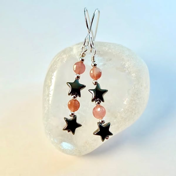 Pink Tourmaline & Hematite Star Earrings, October Birthday, Libra Jewellery Gift