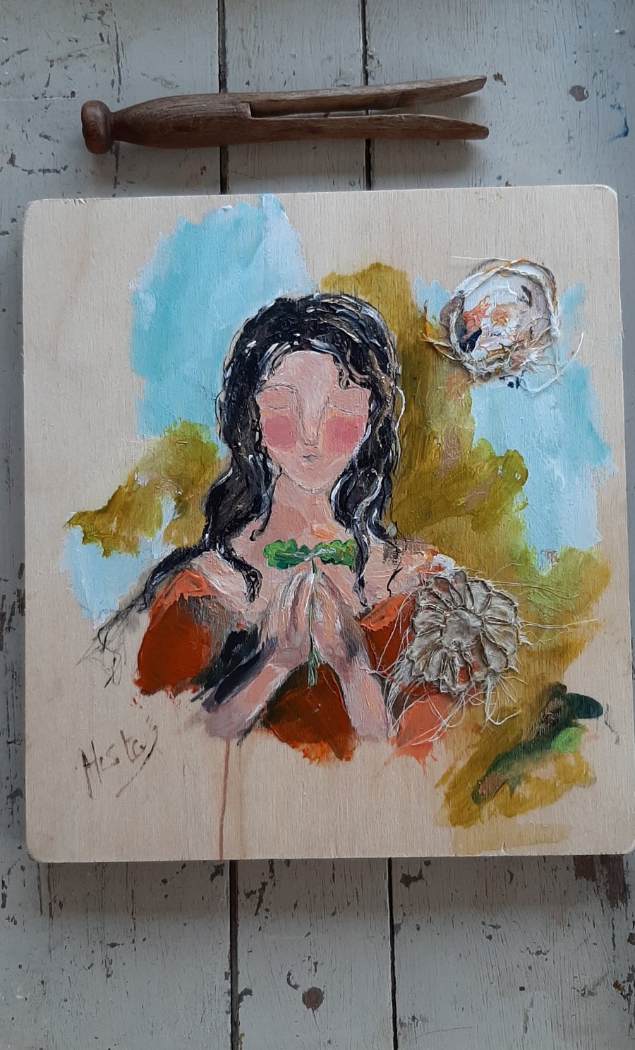 Girl holding Spring, mixed media painting 