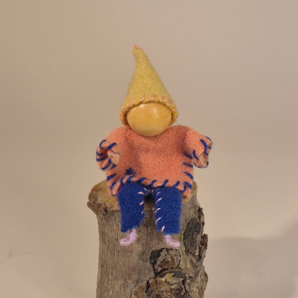 Bendy wire, wood and wool felt pink & blue gnome