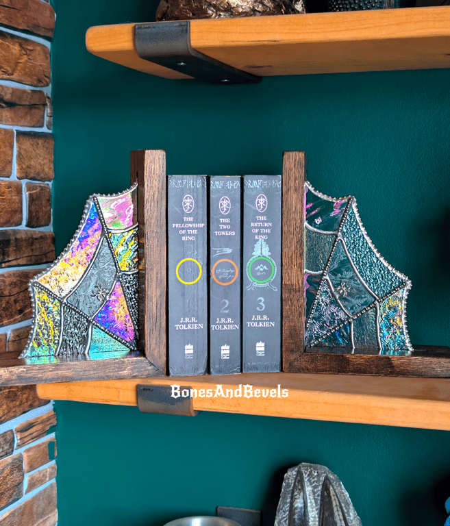 Iridescent clear stained glass spider web solid oak bookends