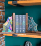 Iridescent clear stained glass spider web solid oak bookends
