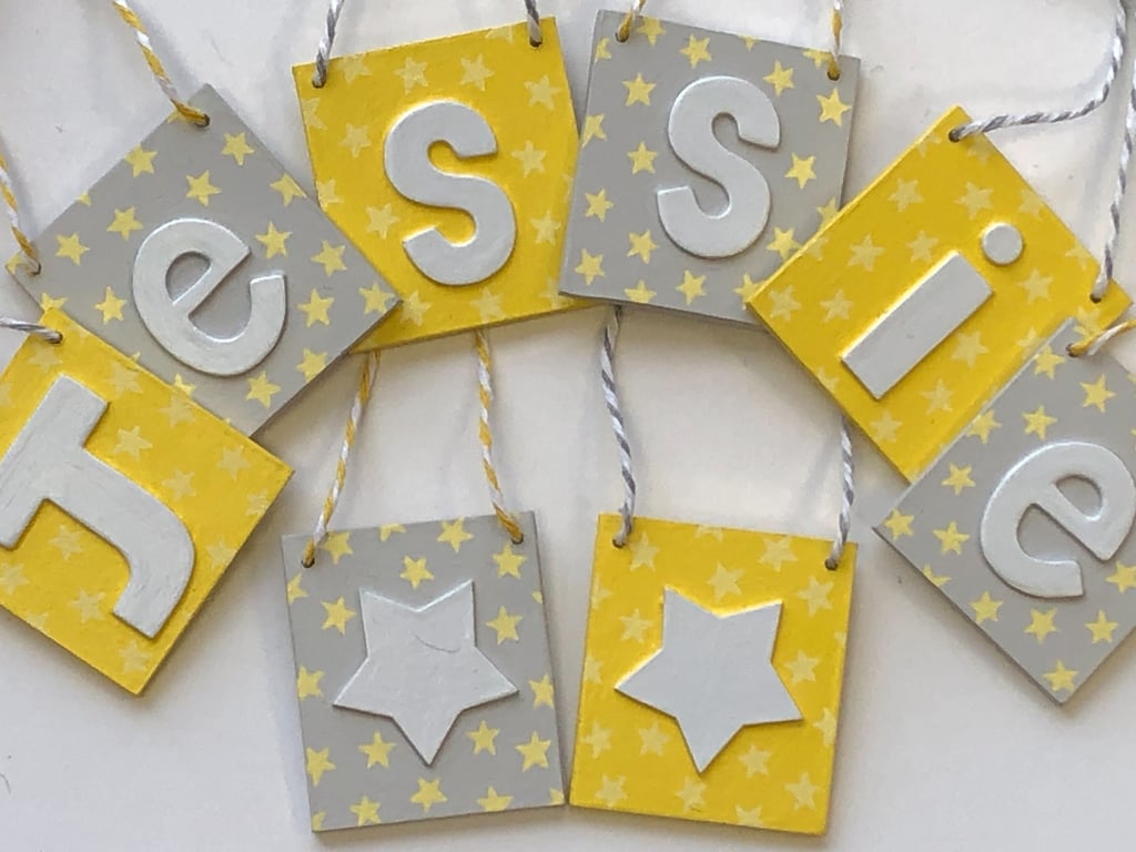 Personalised name bunting in yellow and grey, Any Name!