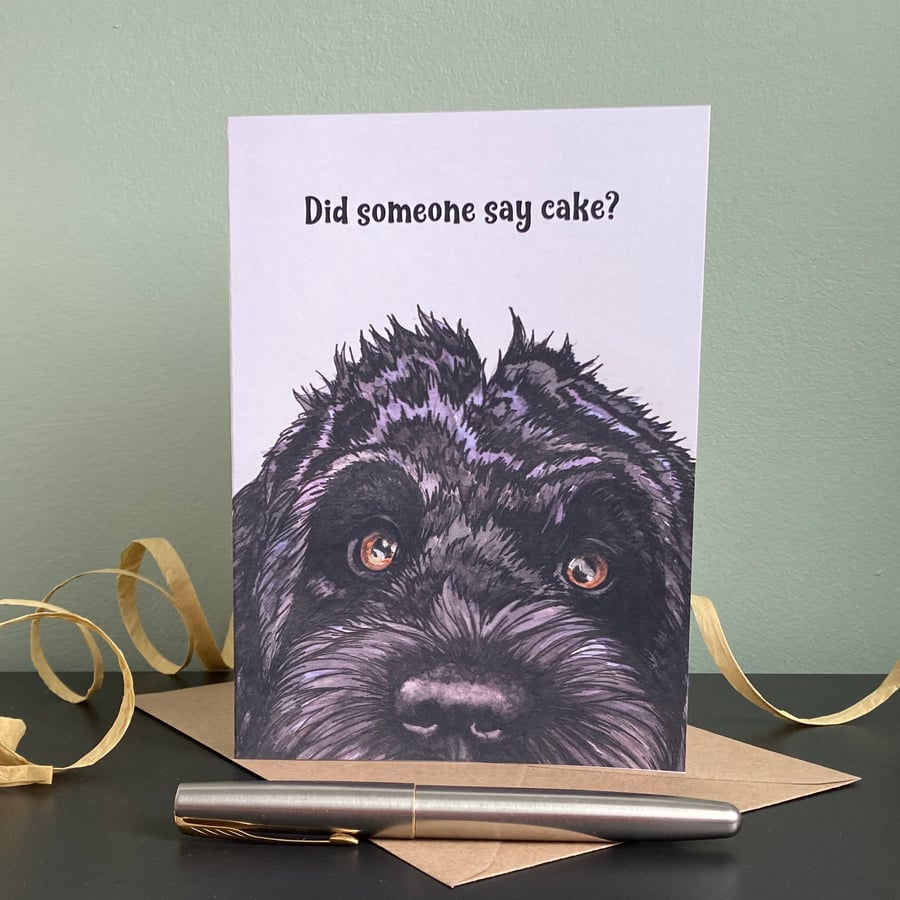Black Labradoodle Birthday Card. Personalised or blank doodle dog card.