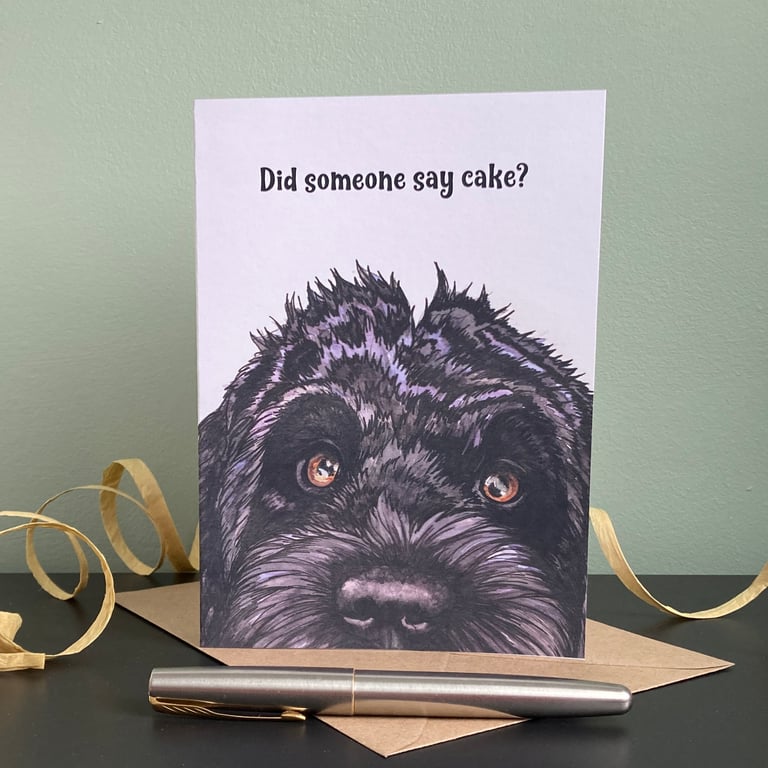 Black Labradoodle Birthday Card. Personalised or blank doodle dog card.