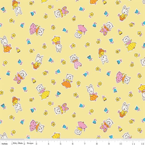 Fat Quarter Milk Sugar And Flower Cats Rabbits Yellow Cotton Quilting Fabric