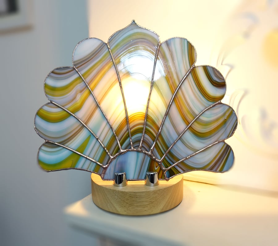 Turquoise Jade and Chartreuse Stained Glass Fan Lamp 