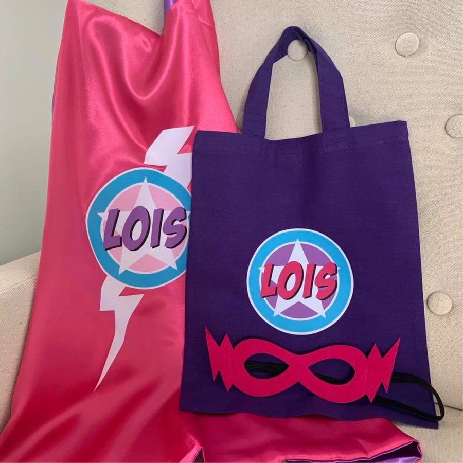 Girls Superhero set - personalised pink purple cape & mask in purple cotton bag