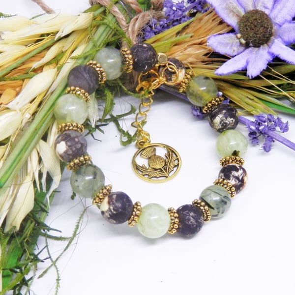 Prehnite And Jasper Memory Wire Beaded Bracelet