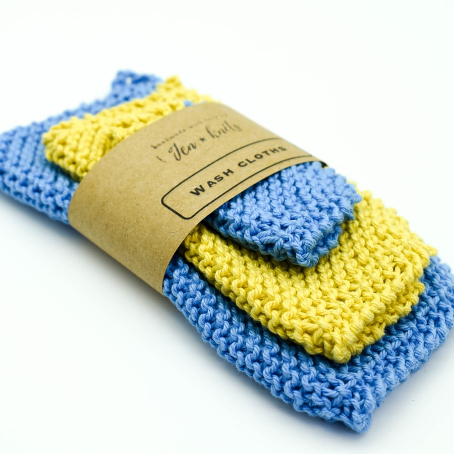 Hand knitted cotton wash cloths - 3 pack - S, M & L- yellow and blue