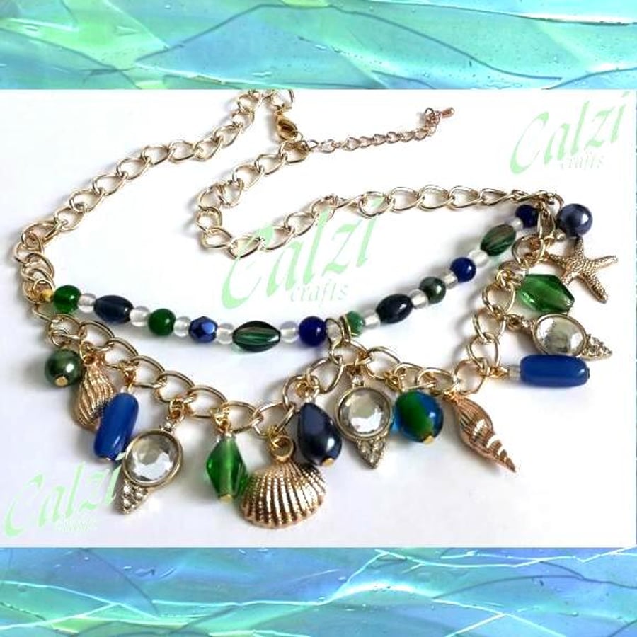 Gold Plated Beaded Sea Charm Double Layer Necklace