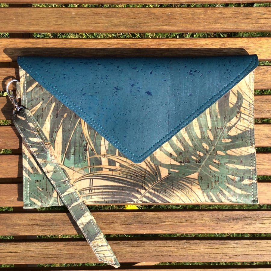 Envelope clutch bag, cork fabric with jungle leaves print