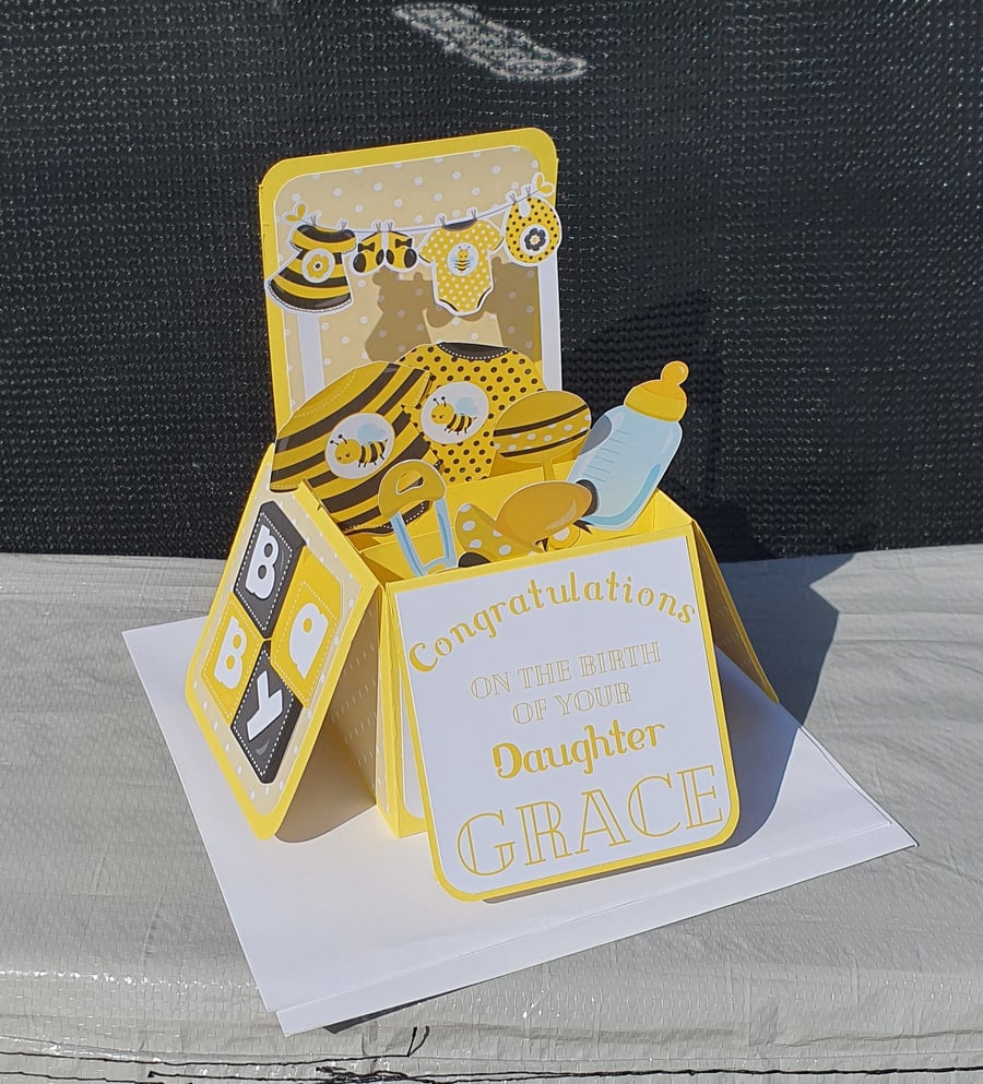 Large Personalised New Baby Card with bumble bees