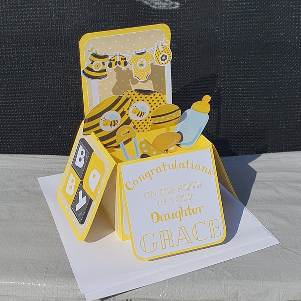 Large Personalised New Baby Card with bumble bees