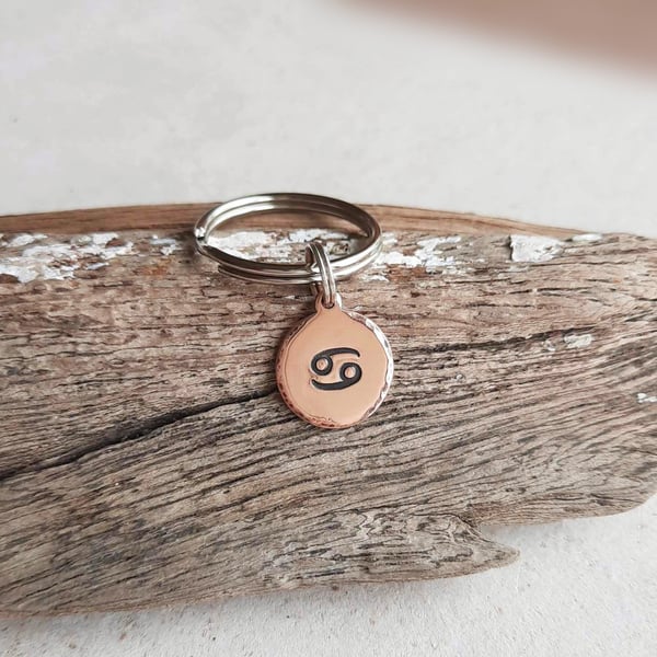 Cancer Zodiac Symbol Key Ring - Hand Stamped Copper  - 7th Anniversary Gift
