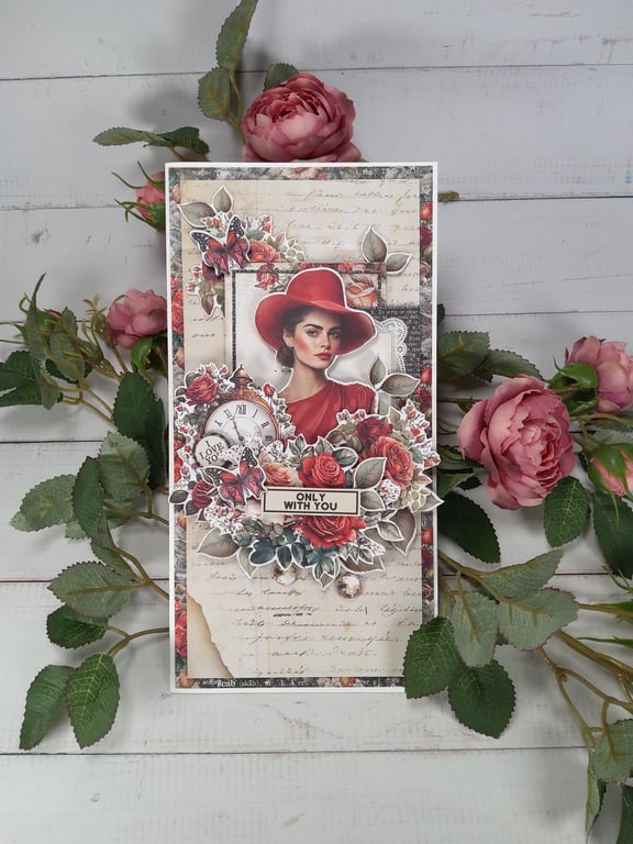 Handmade LuxuryRomanticCard. Vintage Lady, Burgund Roses & Butterflies. (M)