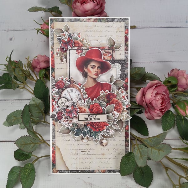 Handmade LuxuryRomanticCard. Vintage Lady, Burgund Roses & Butterflies. (M)