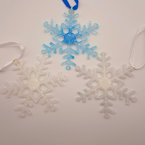 Three Handmade fused Glass Christmas Snowflakes Decorations Blue,Opaline