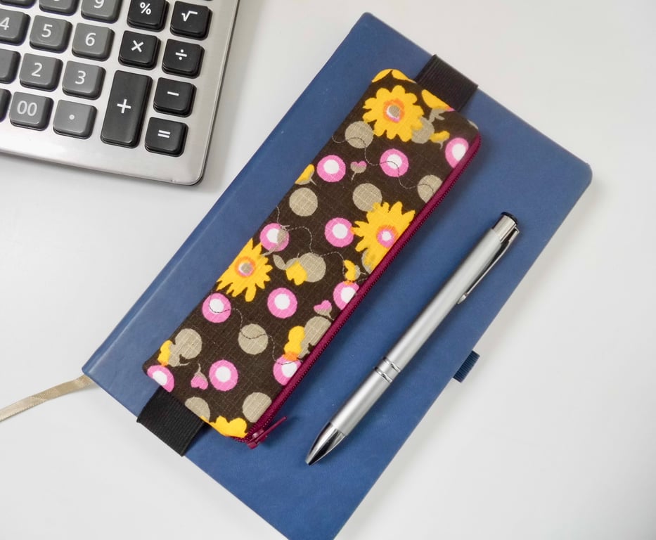 Elasticated pencil case for cover of notebook funky flowers print