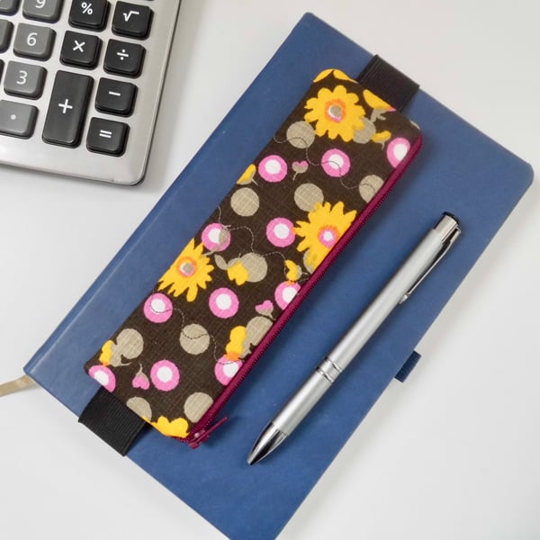 Elasticated pencil case for cover of notebook funky flowers print