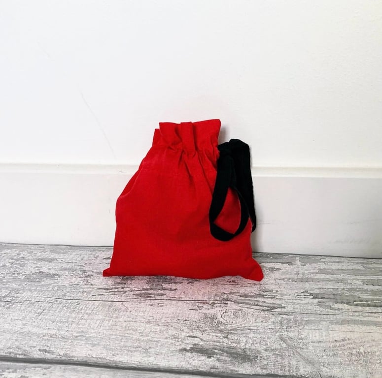 Red Cotton Fabric Drawstring Gift Bag: Reusable XS Present Wrap.