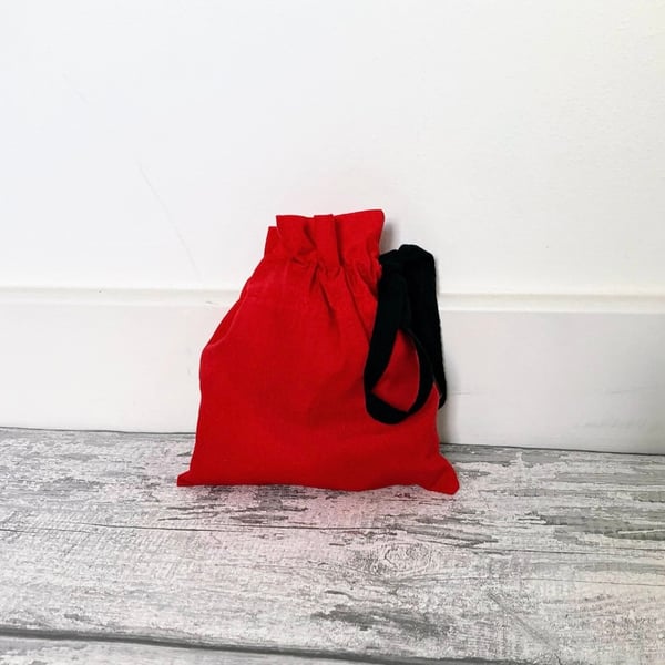 Red Cotton Fabric Drawstring Gift Bag: Reusable XS Present Wrap.