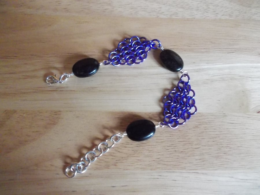 Purple chainmaille and obsidian bracelet