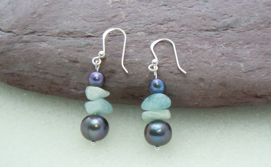 Sterling silver, Freshwater Pearl & Amazonite bead earrings