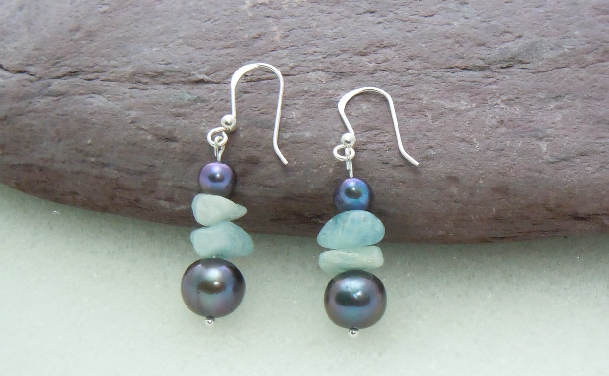 Sterling silver, Freshwater Pearl & Amazonite bead earrings