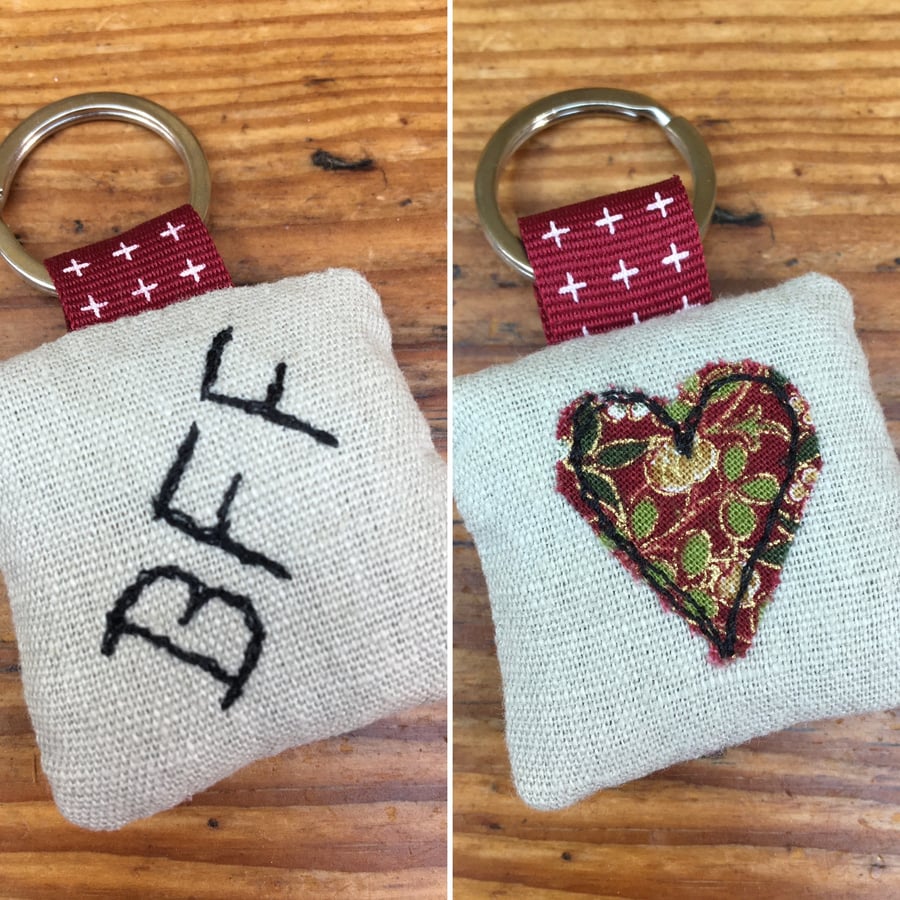 BFF keyring with heart, embroidered linen and lavender key ring