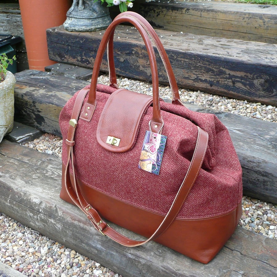 Burnt Orange weekend bag, carpet bag, hand luggage, tweed & real leather