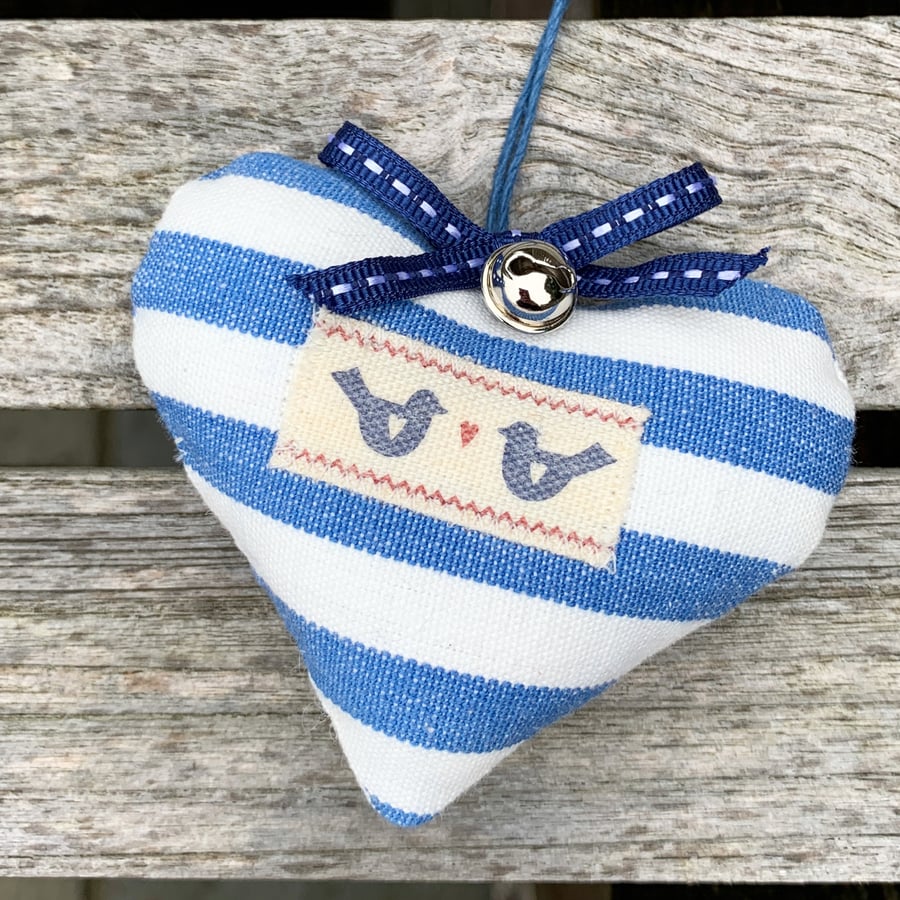 CHRISTMAS HEART DECORATION - blue and white stripes