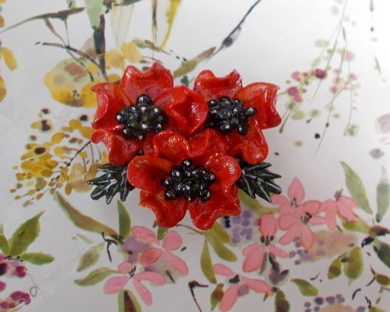 3 RED POPPIES BROOCH Remembrance Wedding Lapel Flower Pin HANDMADE HAND PAINTED