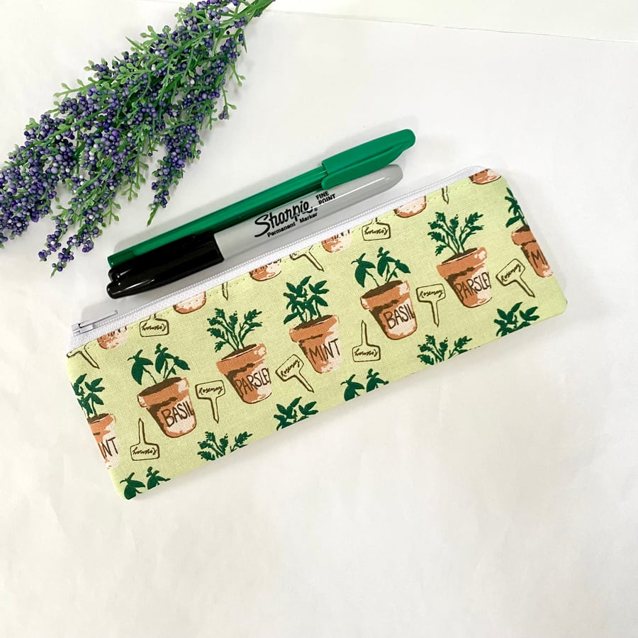 Slim Flat Pencil Case Garden Herbs Fabric Lined with Zip 