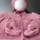 Hand Knitted Baby Girl Matinee Coat, Bonnet  & Bootees 