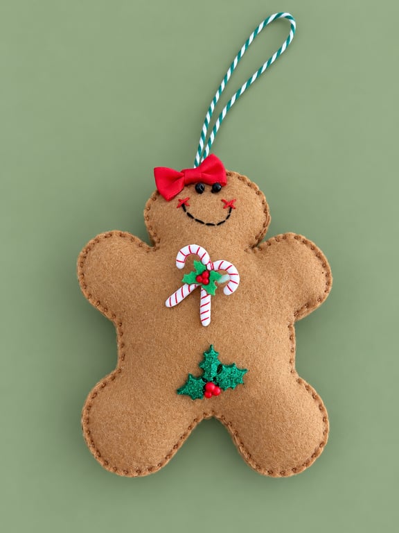 Handmade Felt Gingerbread Girl Christmas Decoration – Candy Canes & Holly