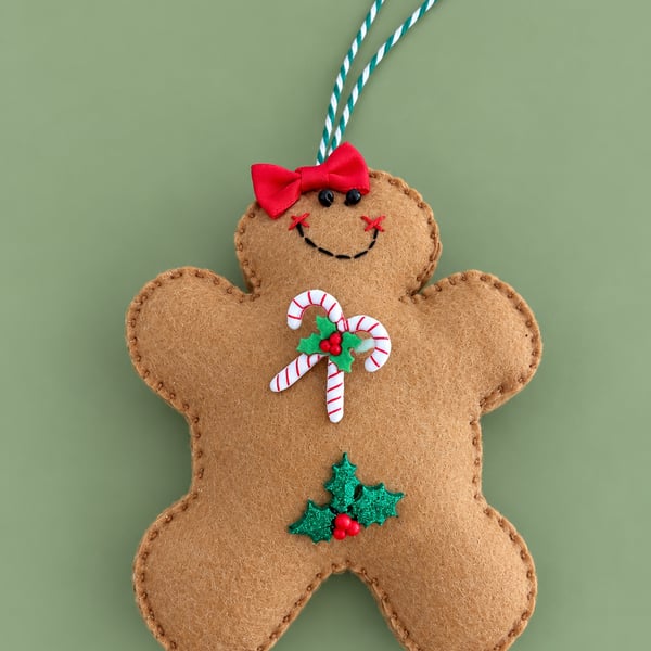 Handmade Felt Gingerbread Girl Christmas Decoration – Candy Canes & Holly