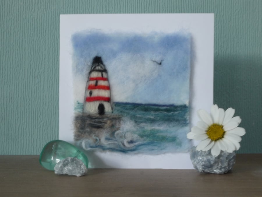Handmade needle felted Lighthouse View greetings card