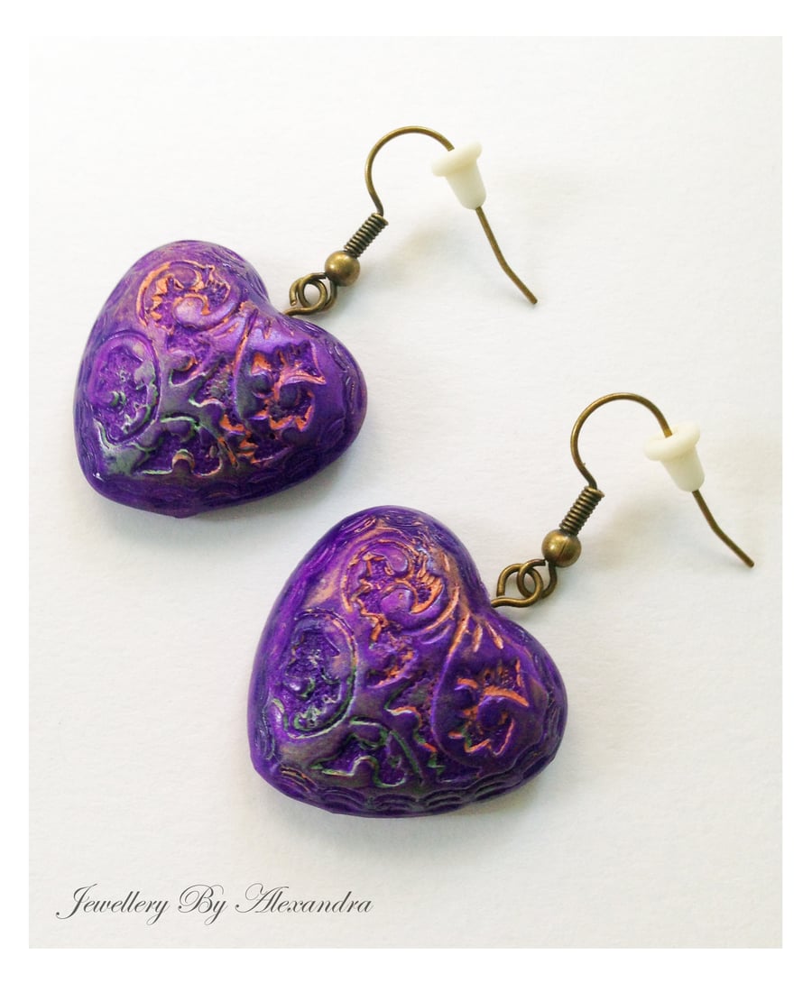 Purple Jewel Enamel Heart Earrings