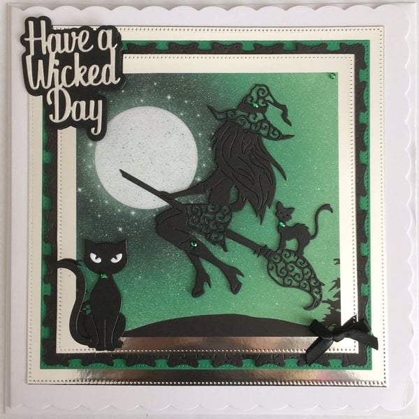 Pagan Halloween Card Have a Wicked Day Sexy Witch Cats 3D Luxury Green 1