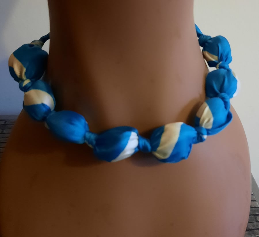 Torquoise and White Fabric Covered Beaded Necklace